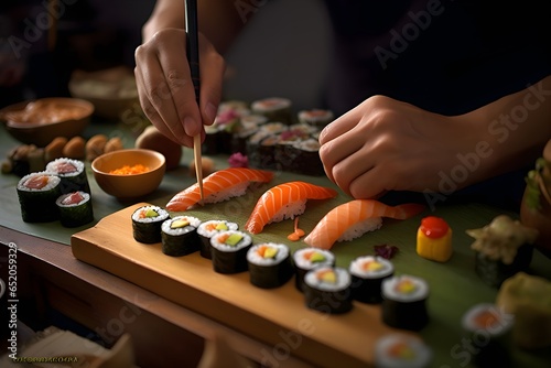 Discover the realistic artistry of a sushi chef, crafting exquisite rolls and sashimi with precision, Generative AI
