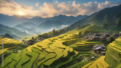 Landscape of Mountain Hills and Rice Field in The Village 