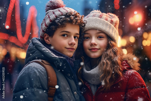 Cheerful young couple in the street with Christmas lighting.