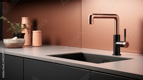 Fragment of modern minimalist kitchen. Gray countertop with built-in sink and copper faucet. Copper color backsplash. Close-up. Contemporary interior design. 3D rendering.