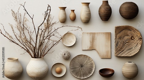 A set of materials used in Organic Modern decor. Close-ups of organic decorative materials, accent textures and neutral backgrounds. Scandinavian or Japandi style.