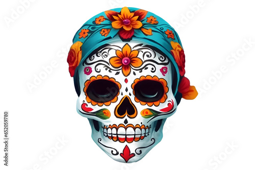 La Catrina, mexican sugar skull with flowers isolated on transparent background, Day of the dead, dia de los muertos 
