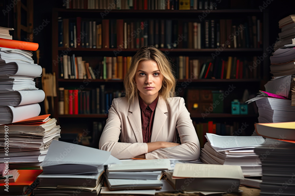 Young woman sits surrounded by stacks of papers and books Young woman sits surrounded by stacks of papers and books
