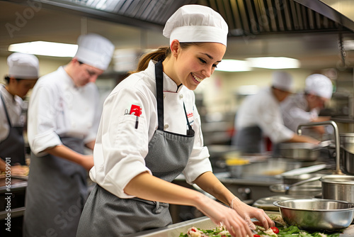 Photo Young woman chef preparing food in a restaurant