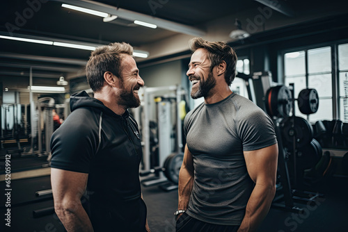 Two men laughing and talking to each other at the gym