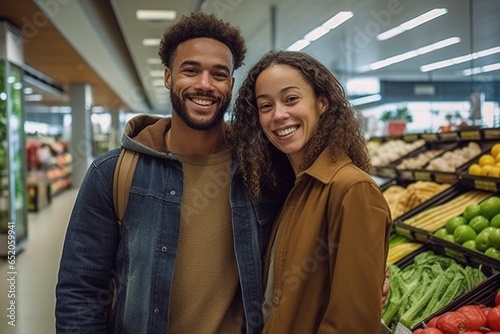 Man and Woman Grocery Shopping, grocery store couple, shopping for groceries together, everyday errands, shopping as a couple photo