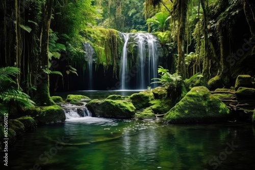 A cascading waterfall hidden deep within a lush rainforest