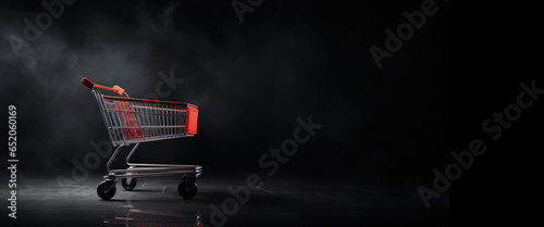A shopping cart from a supermarket on a black background. Black Friday banner. photo