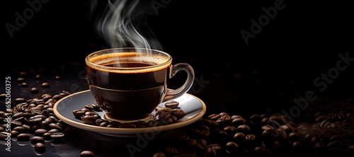 hot black coffee mug on wooden table , cozy warm mood , black and brown tones photo