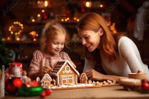 Joyful and happy mother and daughter are preparing for Christmas, New Year. Little girl her mother making gingerbread house. Festive atmosphere. Comfort of home.