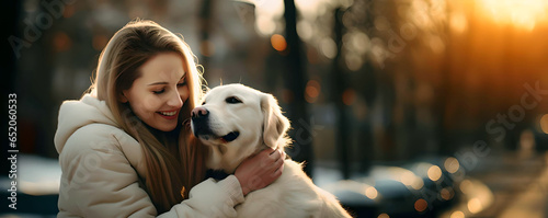 Young Woman and Dog Outdoors in Happy Moment  photo