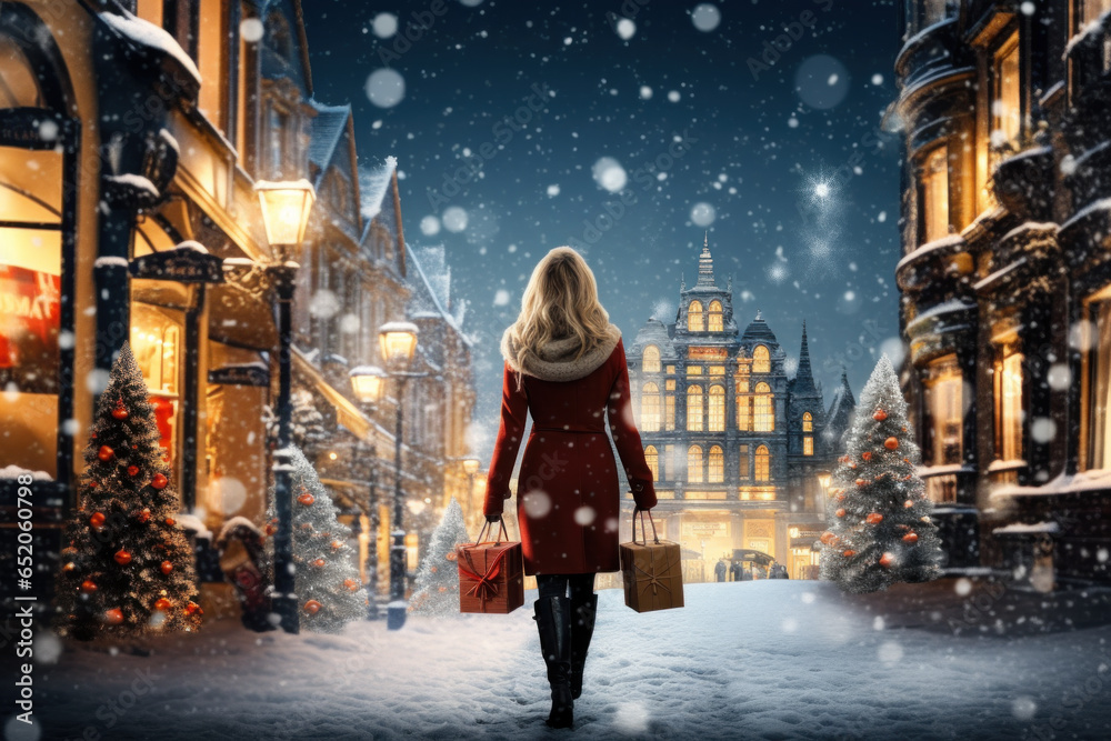 New Year's sale New Year's shopping concept illustration of a woman walking with shopping along a snowy street with decorated Christmas trees New Year's sale New Year's shopping concept illustration of a woman walking with shopping along a snowy street with decorated Christmas trees