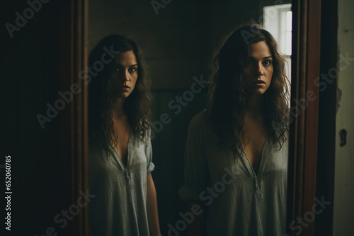 Women's Depression Concept. Woman near mirror stands with sad look.