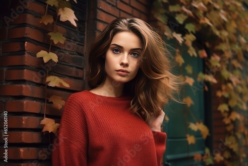 Young beautiful girl in warm sweater over the wall with autumn leaves background