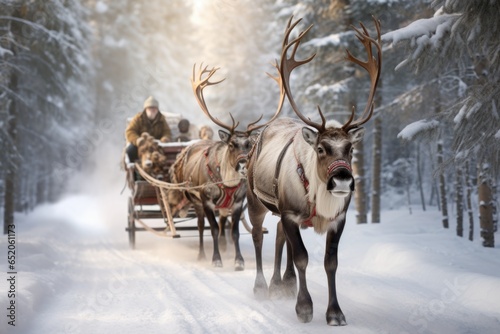 Deer are driving a cart in a snowy forest on a snowy road on the eve of the New Year and Christmas holidays
