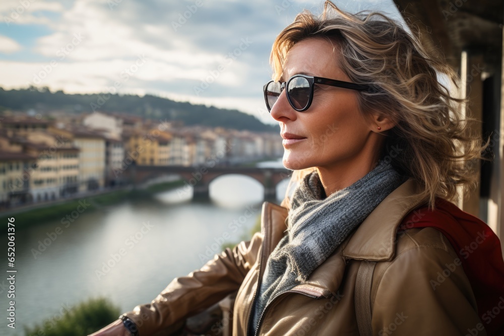 Solo honeymoon concept. Middle-aged woman in sunglasses against city background
