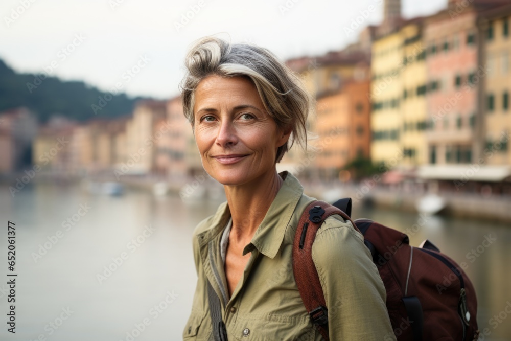 A middle-aged woman travels alone. Solo travel, honeymoon point time for yourself