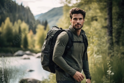 A man with a backpack against the background of a landscape in nature. The joy of hiking, active recreation.
