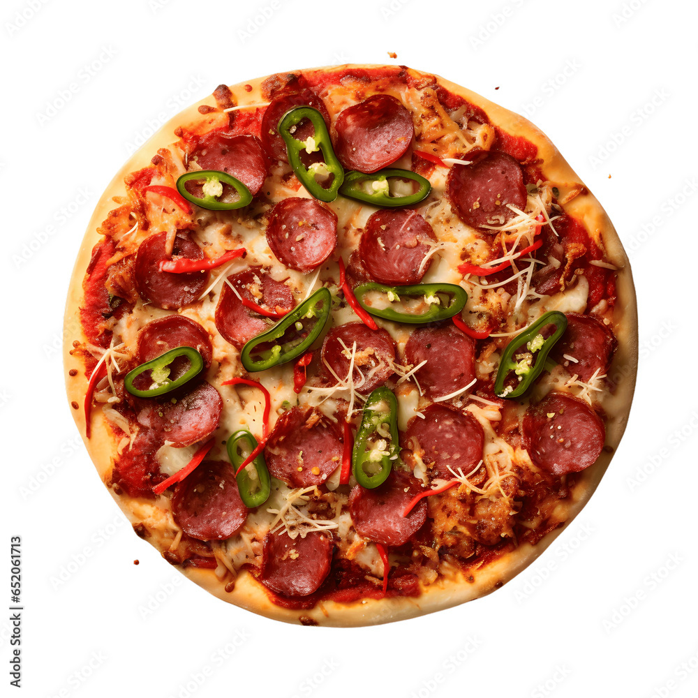 Overhead shot of a spicy Diavolo pizza, with fiery salami, chili flakes, and jalapeños, isolated on a white background
Overhead shot of a spicy Diavolo pizza, with fiery salami, chili flakes, and jalapeños, isolated on a white background