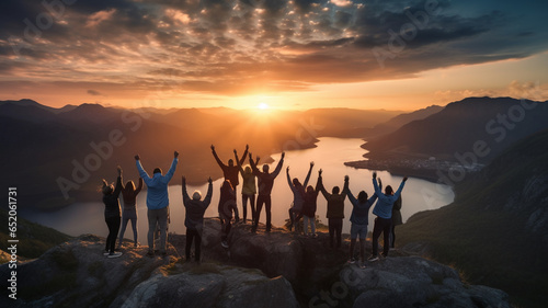 group of people celebrating on the top of mountain