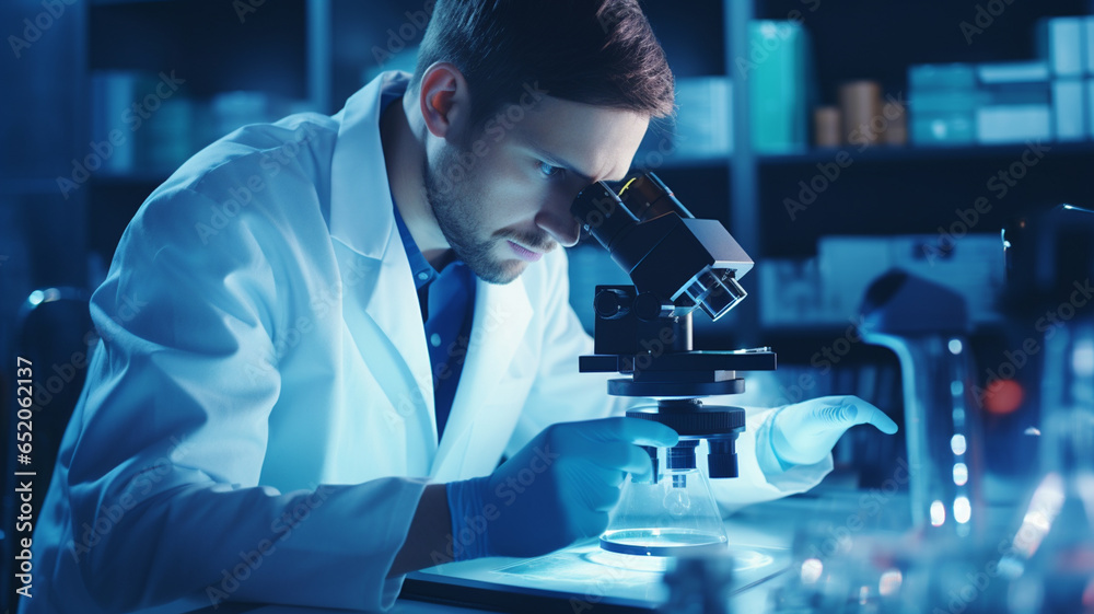 male scientist working with microscope in laboratory male scientist working with microscope in laboratory