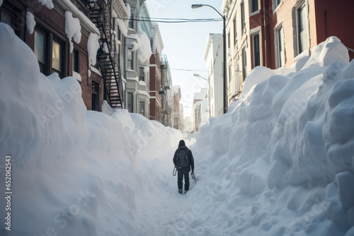 Person walking in a street covered in snow photo