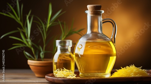 Vegetable rice oil in a glass bottle, rice grains near the container. vegetarian dressing for salads, cooking and frying. Healthy food.