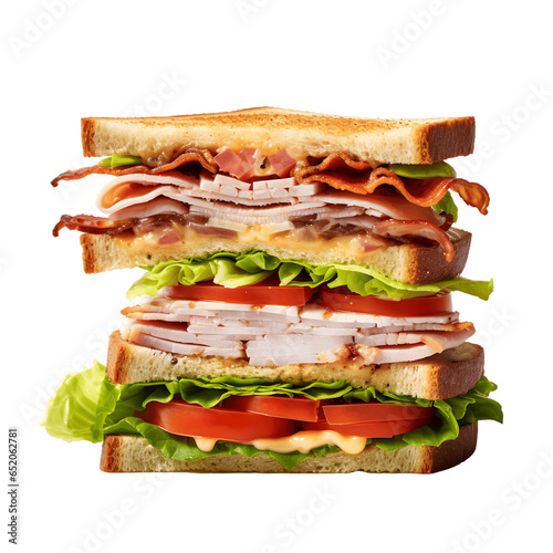 Overhead shot of a stunning club sandwich, showcasing the classic combination of ingredients, isolated on a white background.
