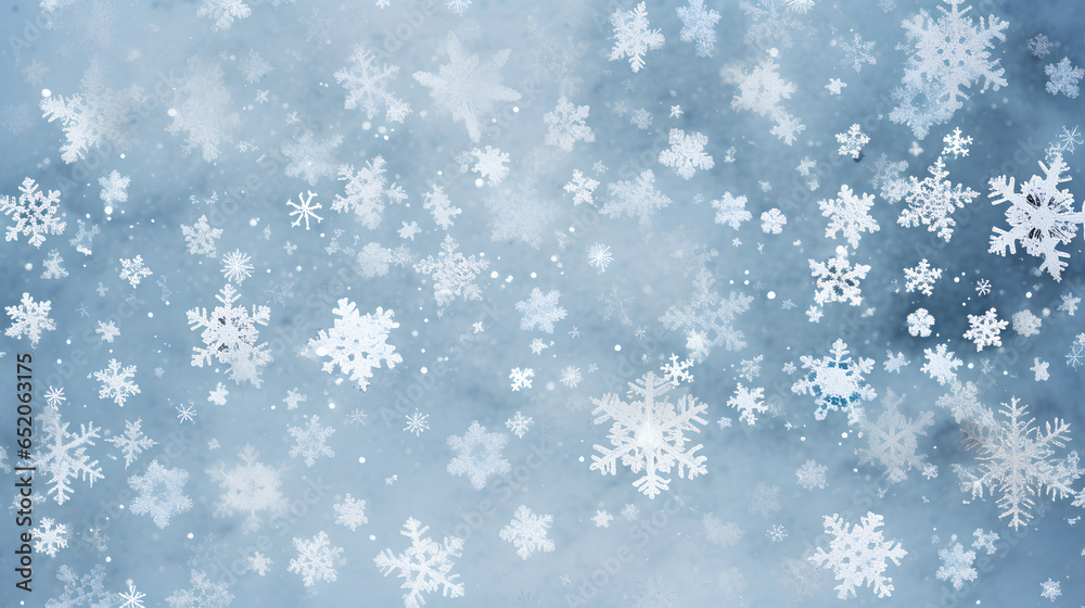 Snowy background with snowflakes. Flat lay.