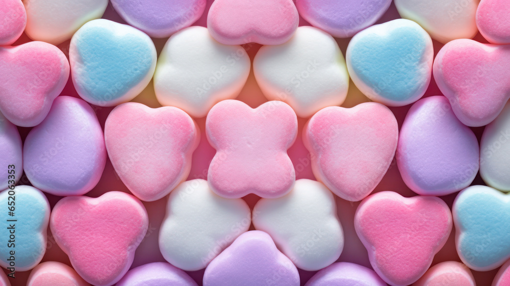 Colorful Pastel Heart-Shaped Marshmallows Background Colorful Pastel Heart-Shaped Marshmallows Background