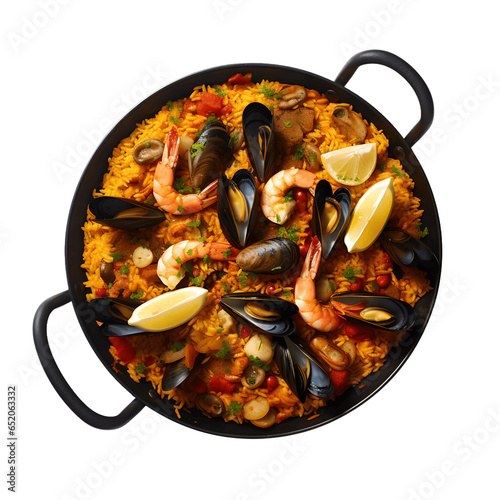 Top-down view of a tantalizing seafood paella with prawns, mussels, and saffron-infused rice, isolated on a white background
