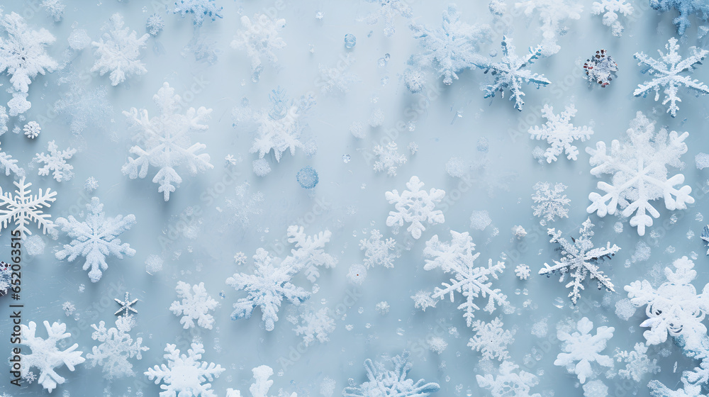 Snowy background with snowflakes. Flat lay.