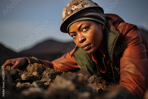 A black female archaeologist is excavating in the mountains