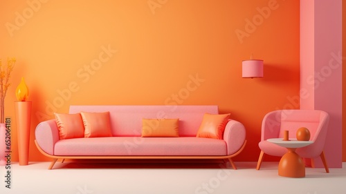 Stylish monochrome interior of modern living room in pastel orange and pink tones. Trendy couch and armchair  coffee table  decorative vases  pendant lamp. Creative home design. Mockup  3D rendering.