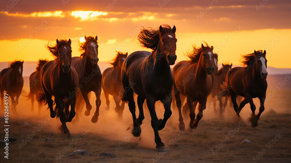 Fototapeta premium beautiful wild horses running in the field at sunset