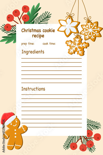 Empty template card for Christmas cookie recipe with cute gingerbread man and pine branches, vector