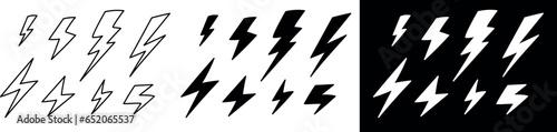 Lightning doodle set. Hand drawn thunder bolts, black and line bolt. Cartoon style lightning bolts. Vector illustration