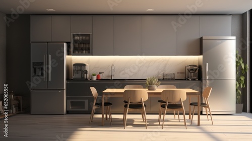 Modern minimalist kitchen interior. Gray flat facades  stone countertop  built-in home appliances  big fridge  work surface lighting. Dining area. Contemporary home design. 3D rendering.