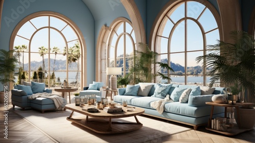 Interior of elegant modern living room in luxury villa. Stylish cushioned furniture, wooden coffee table, houseplants, arch windows overlooking beautiful seascape. Hollywood glamor in home design.