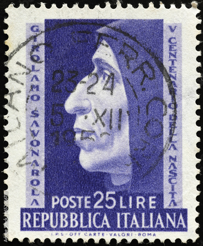 Dominican friar Girolamo Savonarola on old italian stamp