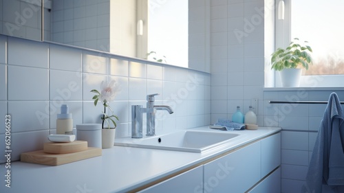 Fragment of a modern luxury bathroom with white tile walls. White countertop with sink, chrome faucet and soap dispenser. Close-up. Contemporary interior design. 3D rendering.