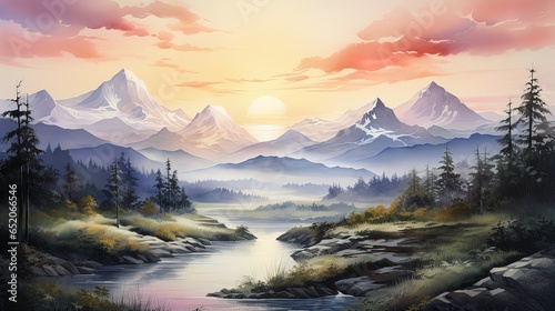 watercolor illustration of a beautiful landscape of a mountain valley with a river at sunrise or sunset