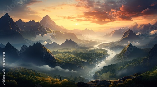 aerial view of a beautiful landscape of a mountain valley with a river at sunrise or sunset in the fog
