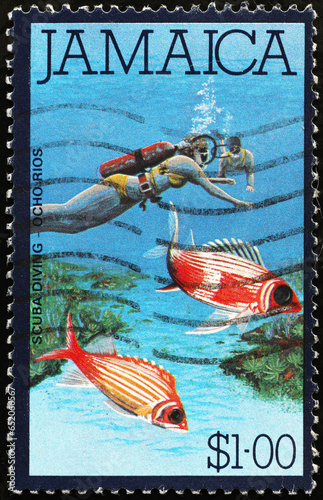 Scuba diving in Jamaica on postage stamp