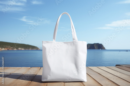Blank Eco Cotton Tote Bag with Sea Background. White Shopper Mock-up