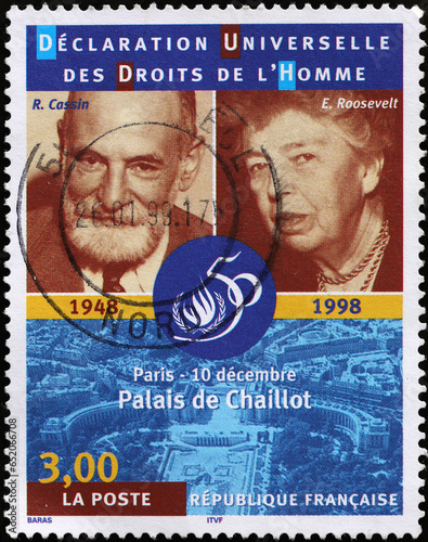Universal declaration of human rights celebrated on french stamp