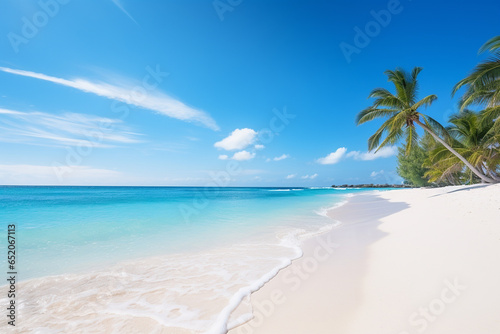 Beautiful white sand beach and tropical sea. Summer vacation background © Mkorobsky