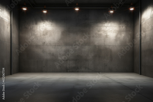 Empty room with concrete walls, dark interior with spotlights. copy space © Mkorobsky