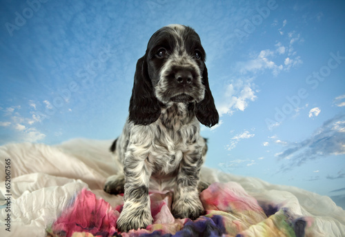 Portrait of a blue roan puppy of an English Cocker spaniel. Age 2 months. The dog is sitting, looking into the frame. There is a blue sky with clouds in the background.