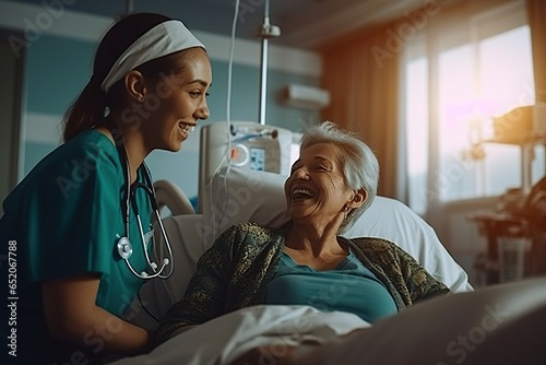 Nurse Caring for a Patient, compassionate healthcare worker, medical care in a hospital room, patient recovery, nursing duties